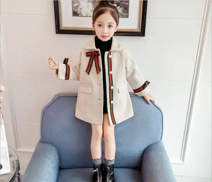 

Girls' Wool Coat Childrenswear 2019 Autumn And Winter New Style Single Row Pearl Clasp Woolen Jacket Twill Female Coat