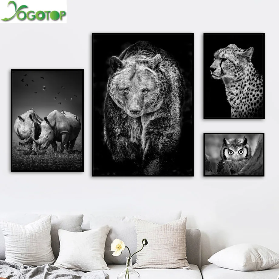 Черно-белый лев медведь носорог леопарды Сова diy алмазная живопись животные 5D