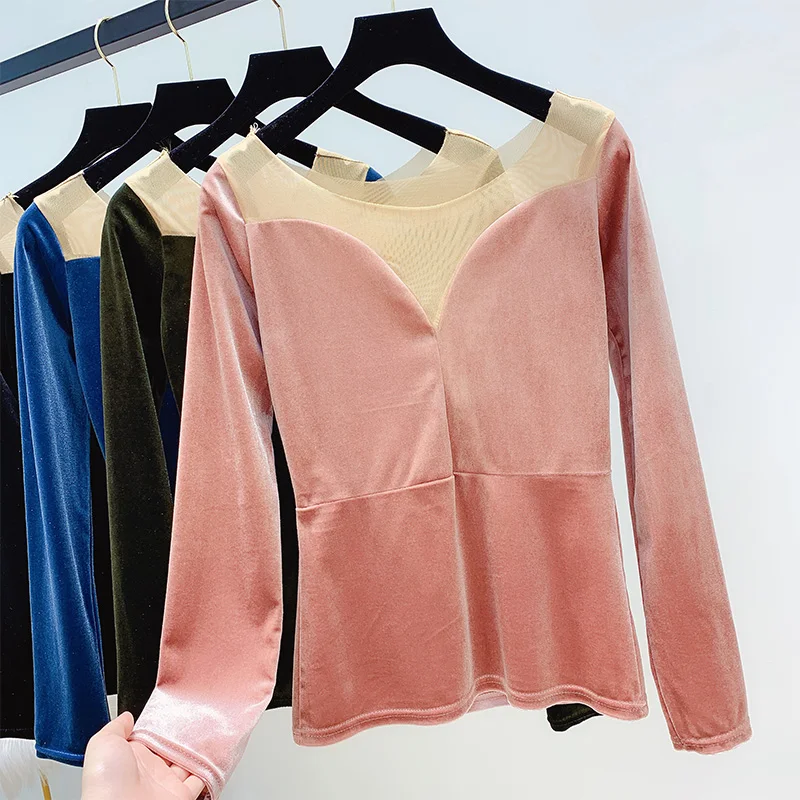

Retro V-neck Mesh Stitching Velvet Blouse Sexy Pull Shirt Long Sleeve Simple Body-building Fashion Jacket Women Top