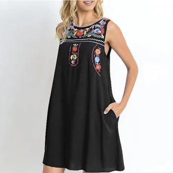 

Free ShippingWomen Embroidery Summer Dress 2020 Sleeveless O-neck Casual Loose Dress