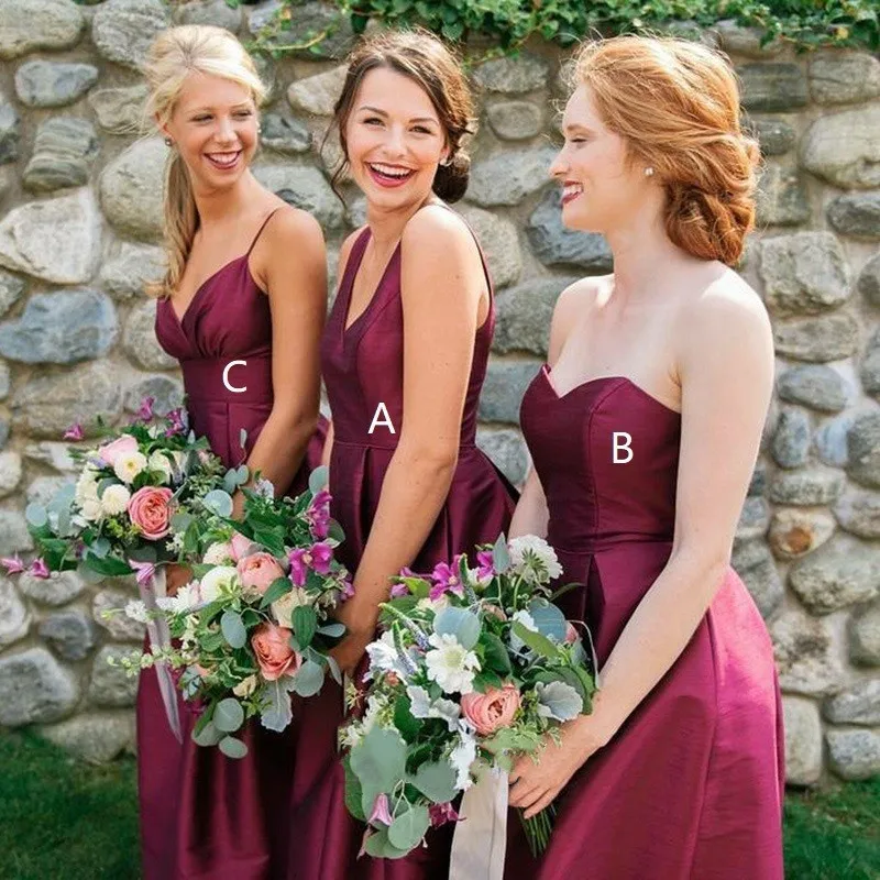 Wine Red Bridesmaid Dresses New Women Three Styles Sleeveless Satin A-Line Bridesmaid Gowns For Wedding Party Guest vestido