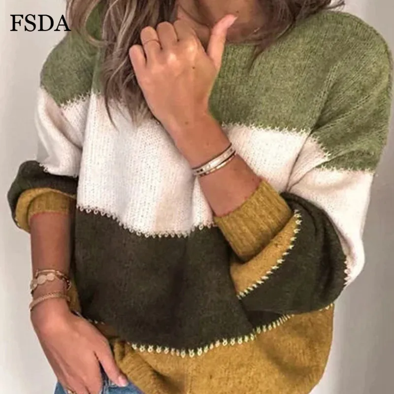 FSDA вязаный свитер в полоску с круглым вырезом для женщин, свободный осенне-зимний женский пуловер, теплый повседневный элегантный джемпер, свитера в стиле пэчворк