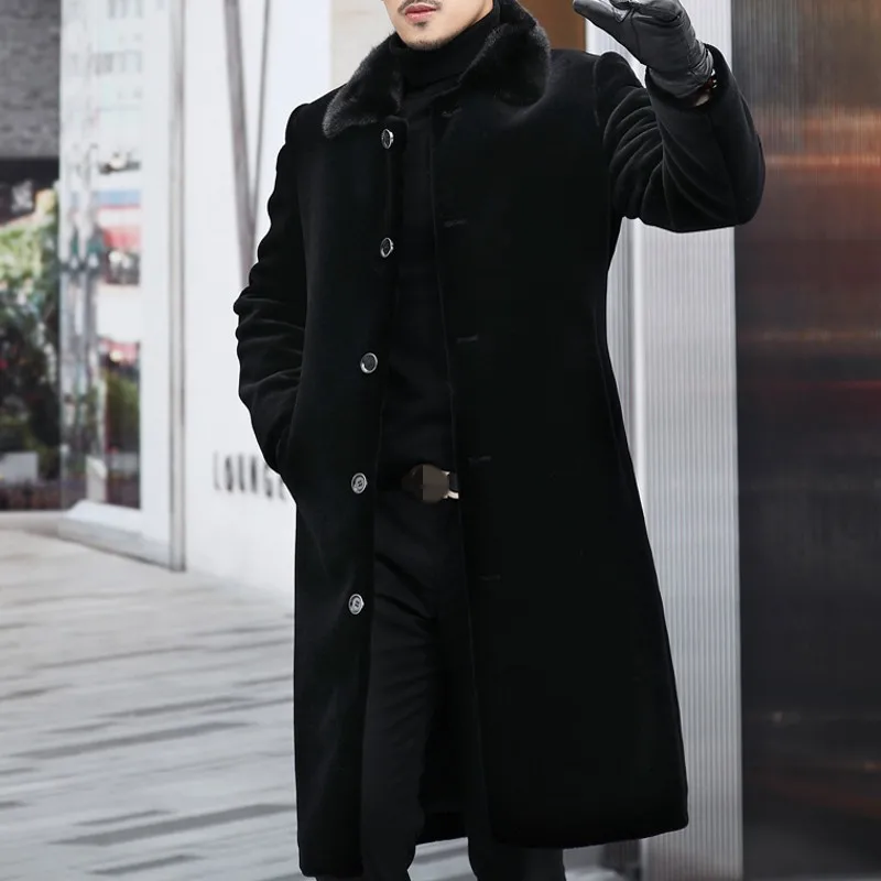 Mens Long Wool Cashmere Coat Mink Fur Collar Outerwear Business Casual Loose Real Fur Down Jacket Overcoat Korean Winter New sheepskin coats for sale