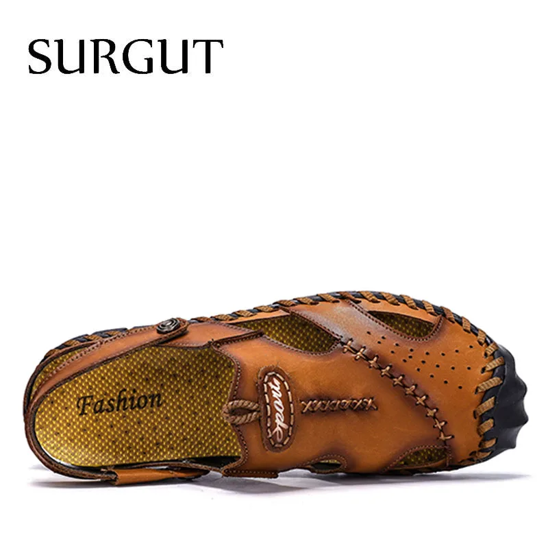 SURGUT Genuine Leather Men's Sandals Summer Soft Shoes Beach Men's Sandals High Quality Hot Sale Sandals Slippers Size 38~48