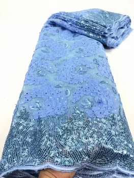 

Sky blue sequin lace fabric print fabric pleated chiffon 2019 women nigerian lace fabrics 5 yards FD813