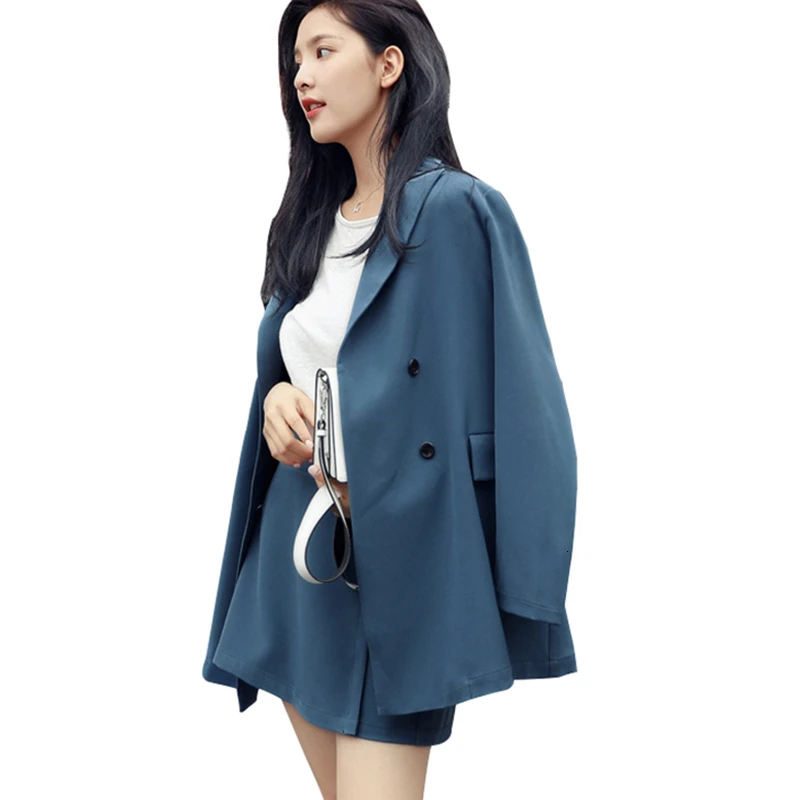 

ELegant Office Lady Short Suit Set Women 2 Piece Set Blue Color Jacket Blazer + High Waist Mini Pant Suits Female Tracksuit LY10