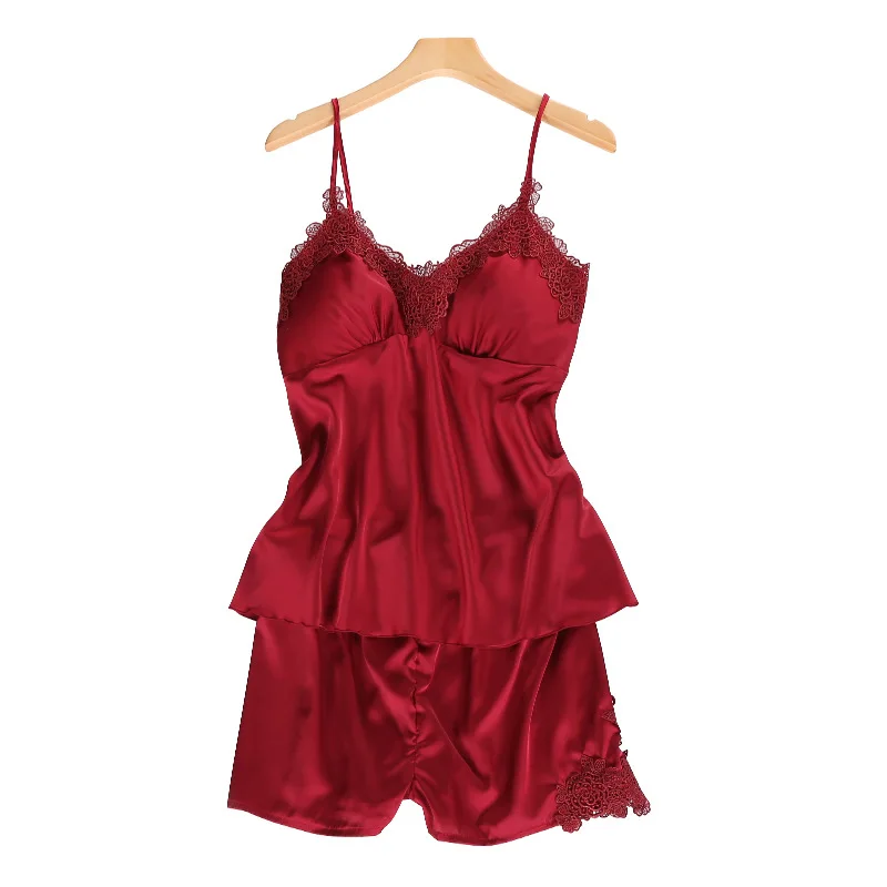 Red 2 pcs Satin Sleepwear Female with Chest Pads Sexy Women Pajamas Lace Slik Sleep Lounge 4 Pieces Sets Elegant Ladies Indoor Clothing - Цвет: Red 2 pcs
