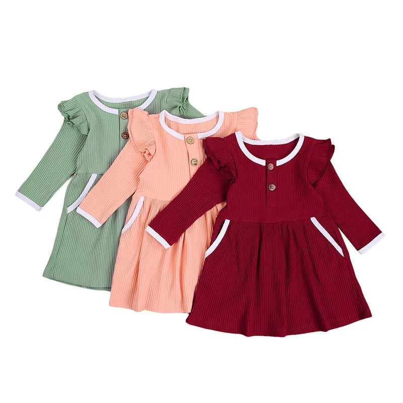 

Little Baby Girls Dresses Long Sleeve Button Ribbed Ruffle Pleated Flare Midi Dress 1-6Y