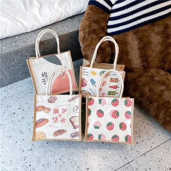 

Lunch Box Bags Simple Canvas Handbag Women Cartoon Printed Shopping Tote Lunch Storage Box Lady Travel Daily Top-handle Bags