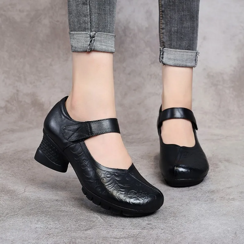 

2019autumn new real leather mid heel women shoes casual thick with large size national style retro asakuchi women's single shoes
