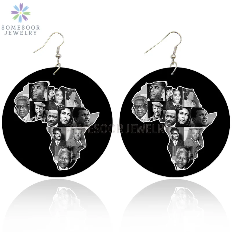 

SOMESOOR Printing Black History Famous Leaders African Wooden Drop Earrings Afro Wood Dangle Jewelry For Women Christmas Gifts
