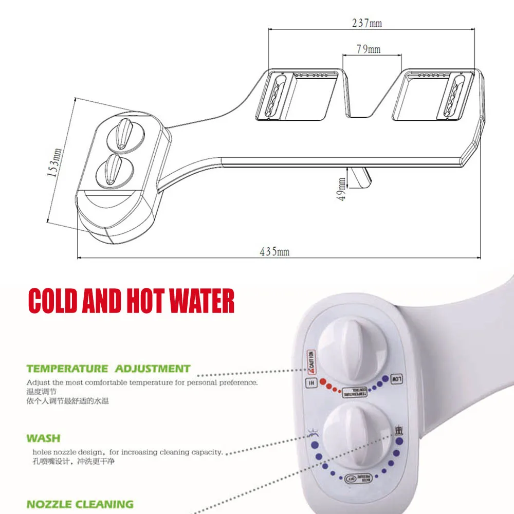

Non-Electric Home Bidet Toilet Seat Adjustable Angle Nozzle Fresh Water Spray  Hot and Cold Water One Nozzles