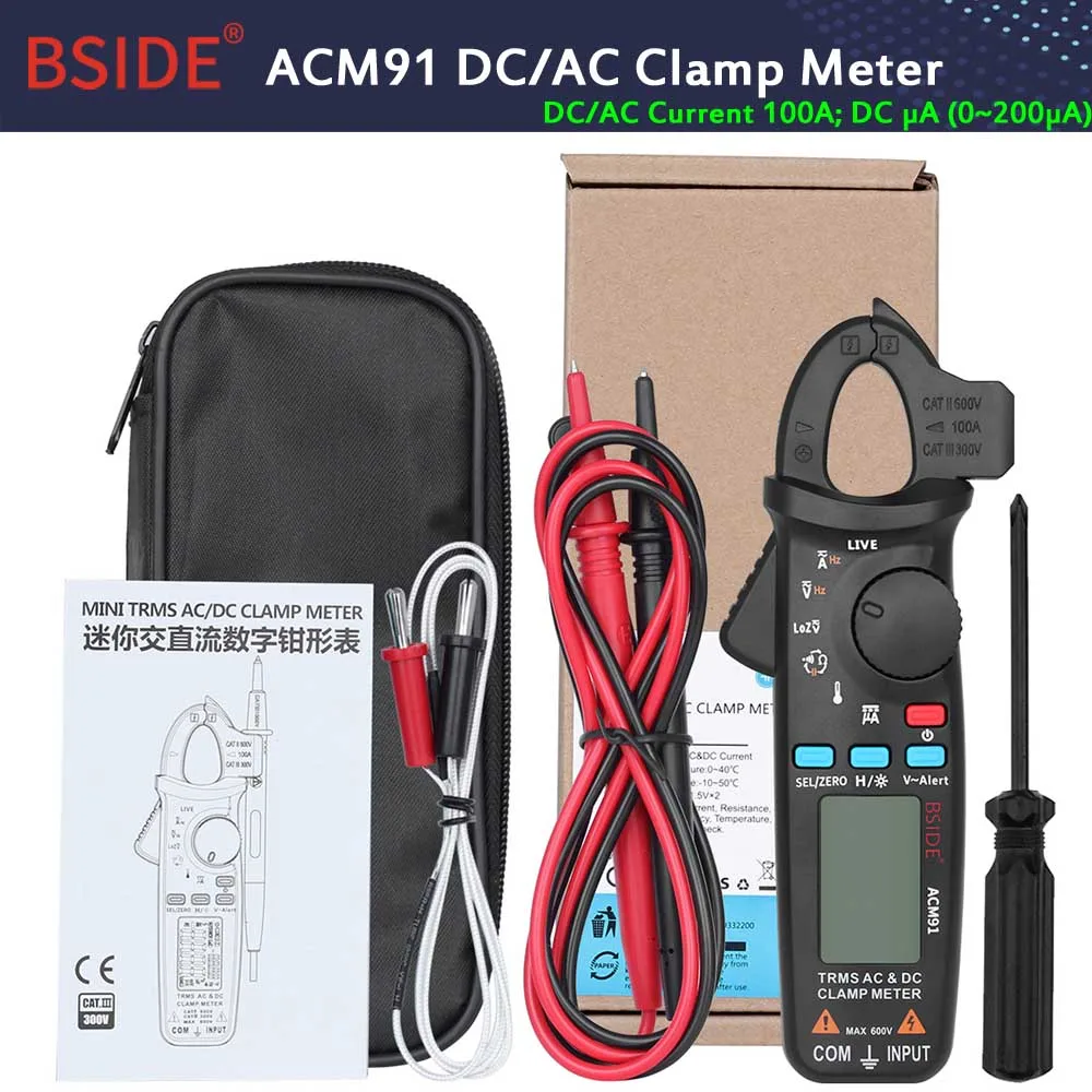 ACM91-Black Карманный цифровой клещи мультиметр BSIDE DC/AC Ток 100A 1mA тестер профессиональный ремонт автомобиля амперметр - Цвет: ACM91-Black