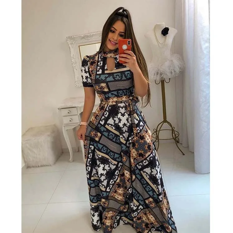 Women Summer Dress Casual Short Sleeve Long Dress Boho Floral Print Maxi Dress Turtleneck Bandage Elegant Dresses Vestido