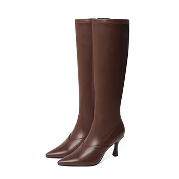 

Autumn Winter Genuine Leather Women Knee High Boots Pointed Toe High Heels shoes Wedding Basic Shoes Woman