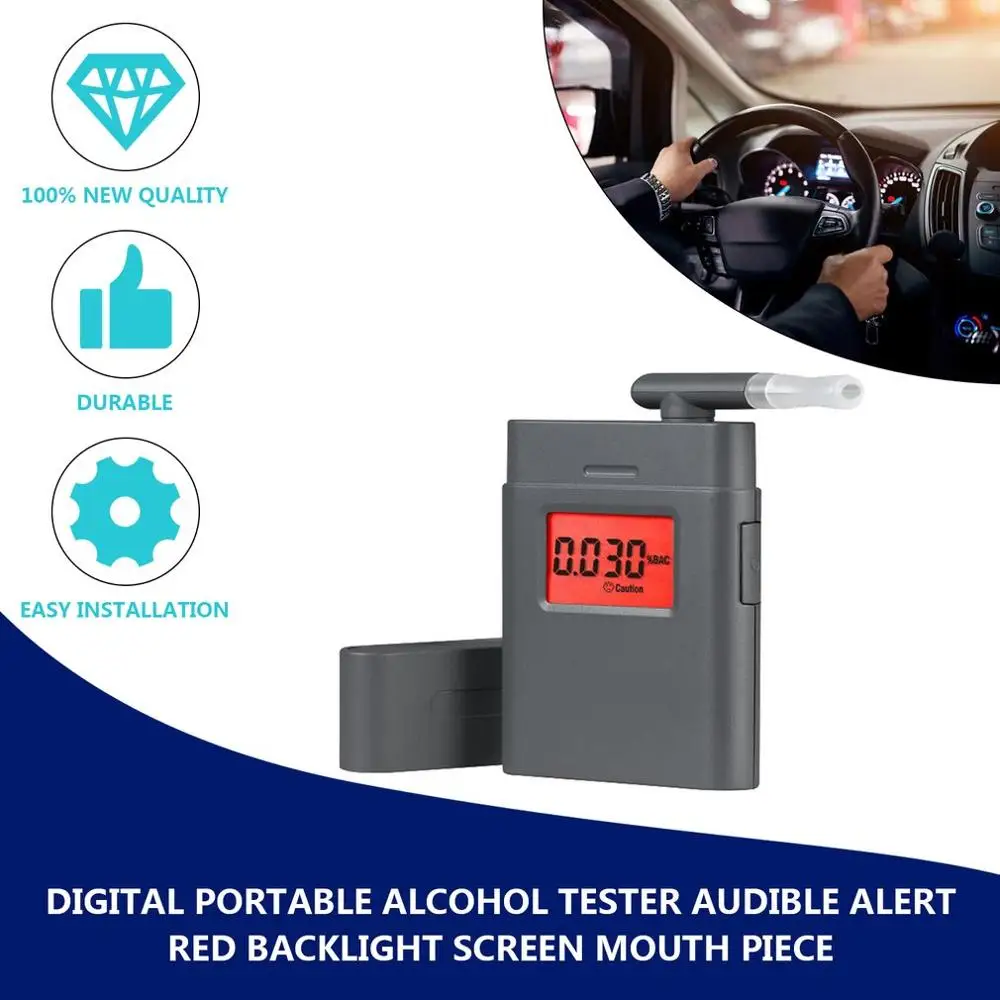Digital Portable Alcohol Tester Small Square Shape Audible Alert Red Backlight Screen Mouth Piece Quick Response And Resume