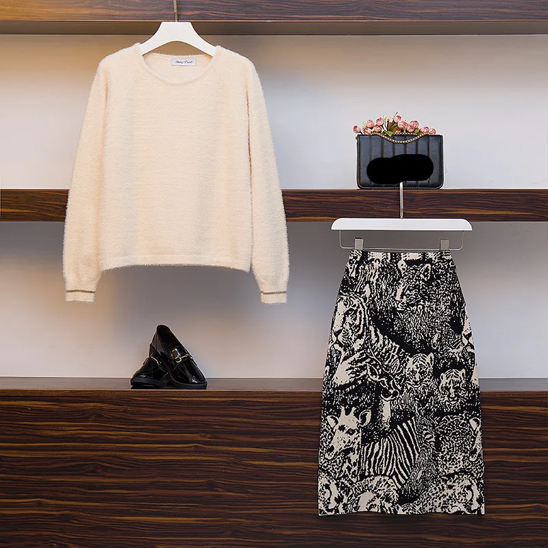 Осень, женские вязаные свитера, плюс размер, комплект из 2 предметов, пуловер с длинными рукавами, топ+ Жаккардовая юбка с разрезом, комплект из двух предметов, вязаный костюм