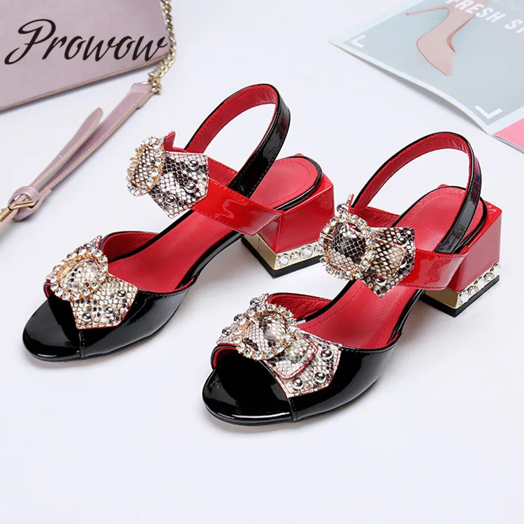 

Prowow New 2020 Spring Summer Snakeskin Bowtiw HIgh Heel Sandals Open Toe Buckle Strap Crystal Beading Summer Sandals Shoes