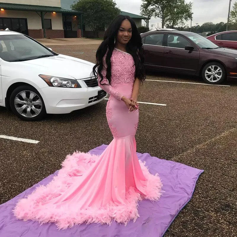 Pink Prom Dresses 2020 One Shoulder Feather Lace Appliques Mermaid Evening  Dress African Black Girls Long Formal Gowns - Evening Dresses - AliExpress