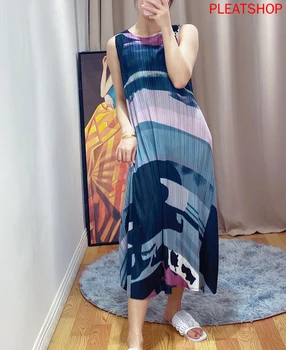 

MIYAKE Pleated 2020 Summer Thin Vest Dress Printed Loose Large Midi Sleeveless Dress Elegant Vestidos Summer Dress Shein