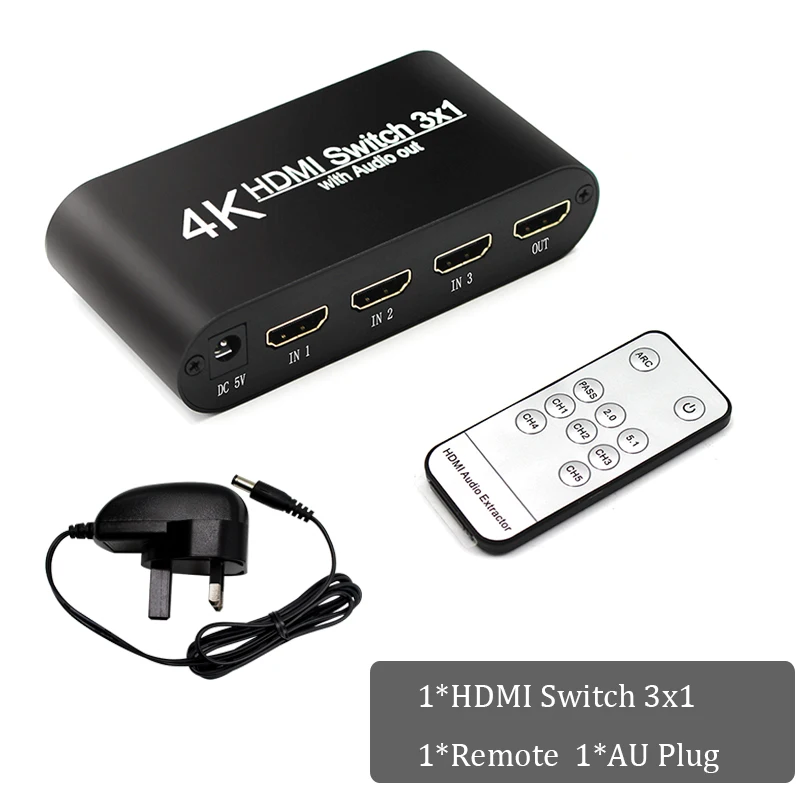 HDMI коммутатор 3x1 4K Аудио экстрактор с дистанционным аудио Out3 в 1 переключатель разветвитель для ПК, телевизор, монитор PS4 xbox HDMI 2,0 - Цвет: AU and Remote
