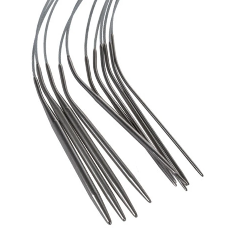 11 Sizes 43cm Durable Silver Crochet Knitting Needle Tool Set Stainless Steel Circular Sewing Needles