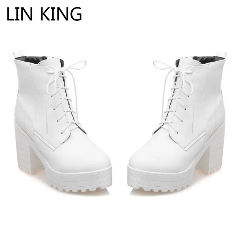 

LIN KING Spring Autumn High Heel Women Motorcycle Boots Punk Square Heel Lace Up Platform Boot Lady Outdoor Ankle Botas Big Size