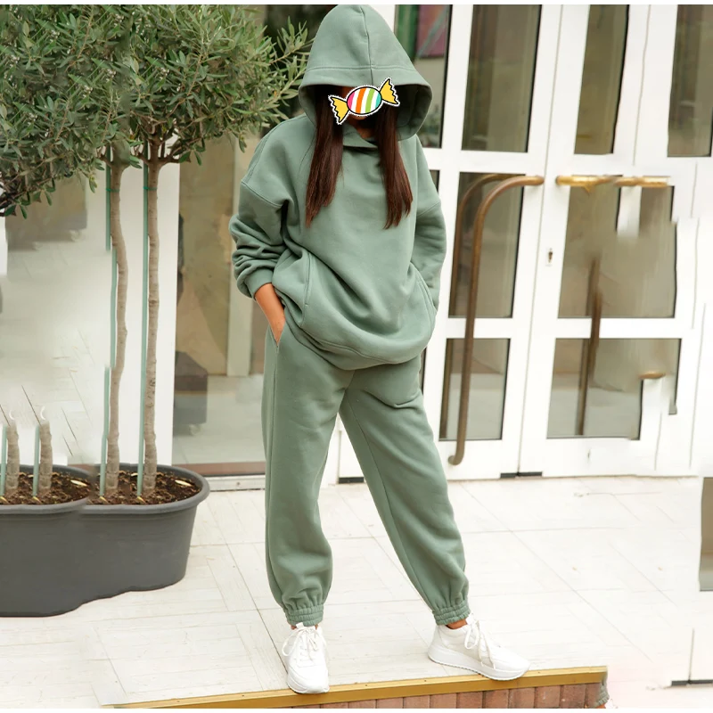 Two Piece Set Casual Fleece Tracksuit Women Winter 2021 Women's Sets Oversized Hooded Long Sleeve Hoodie Sport Pants Lady Suit