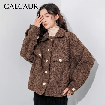 

GALCAUR Korean Women Wool Coat Lapel Collar Long Sleeve Patchwork Pocket Oversize Loose Plus Thick Female Coats 2020 New Clothes