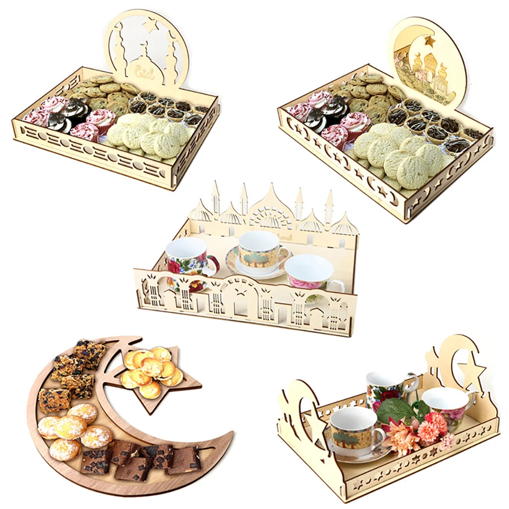 Wooden Eid Mubarak Dessert Food Tray Ramadan Decoration Islamic Muslim Party Serving Tableware Tray Eid Al Adha Islam Home Decor
