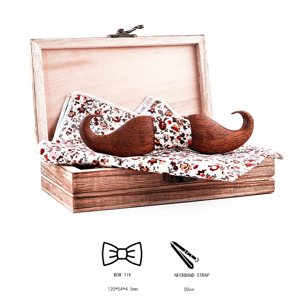 3D mustache Sapele Wooden bow tie for men gift Foral flower pattern pocket square bow tie set bow tie