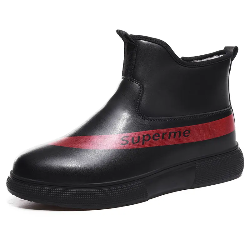 Men Boots Waterproof Leather Snow Boot Men Shoes High Quality Vintage British Warm Fur Boots Autumn Winter Men Casual Ankle Boot - Color: fur black red