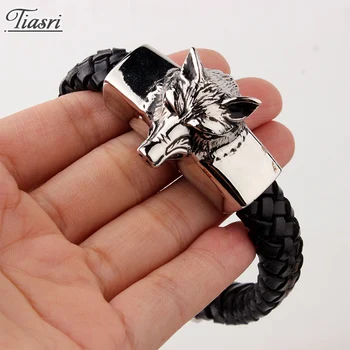 

Tiasri 15mm Wolf Head Leather Bracelet for Men High Quality Stainless Steel Jewelry Black Weave Texture Punk Hip-Hop Accessories