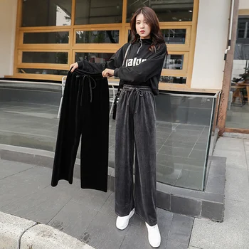 

Casual 2019 Autumn Winter Loose Wide Leg Pants Brief Gold Velvet Korean Trousers High Waist Vintage Fashion Pants