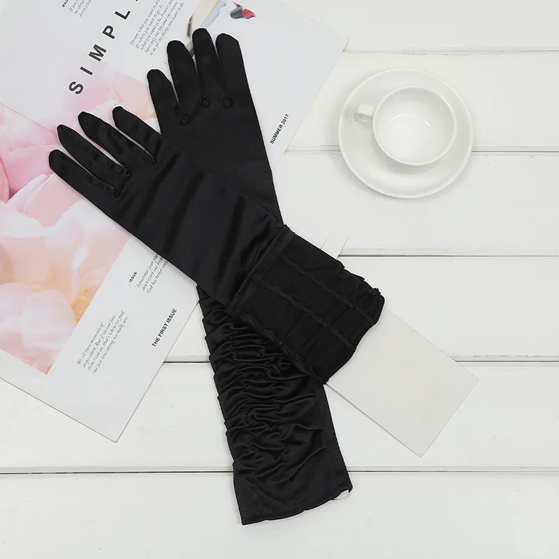 Черный Guantes Novia атласная белая перчатка 43 см длинные перчатки для невесты серебряные женские Выпускной, свадьба перчатки полный палец Gant Boda ST224 - Цвет: Черный