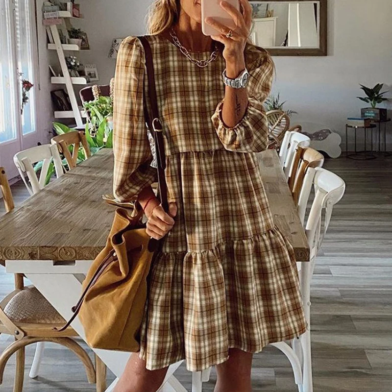 

2021 Spring Women Ruffle A Line Plaid Dress Vintage Casual Midi Round Neck Lady Office Dress Three Quarter Sleeve Loose Vestidos