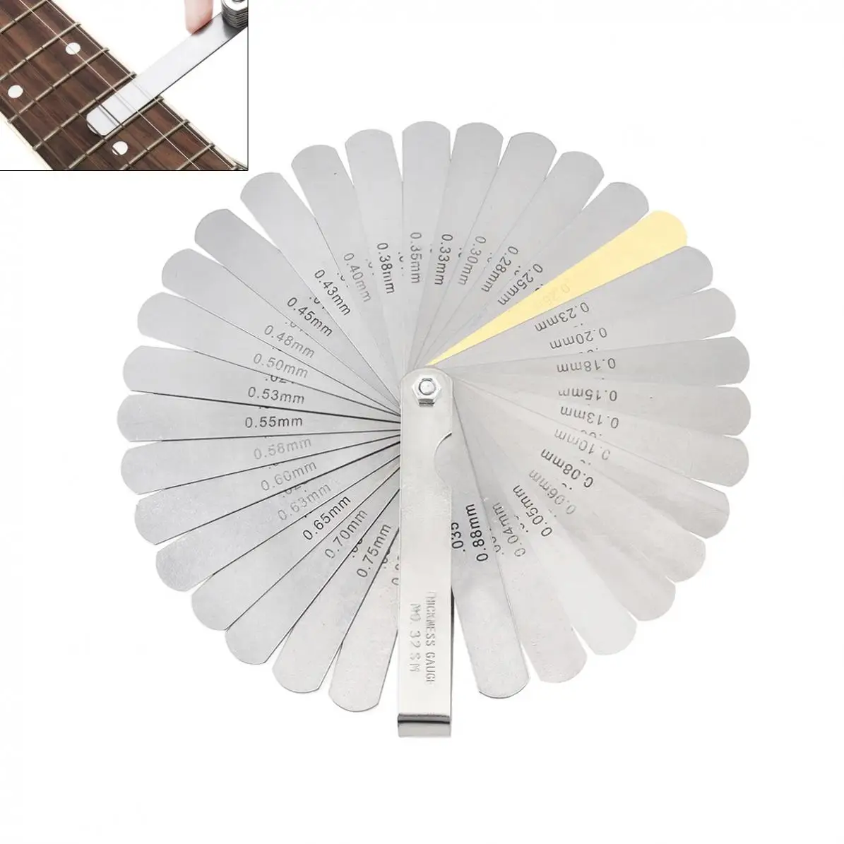 Guitar Measuring Ruler 32 Blade Guitar Neck Gap Feeler Gauge String Height Measuring 0.0015-0.035in Nut Curl Guitar Repair Tool 32 blades feeler gauge set stainless steel dual marked metric and imperial gap feeler gauges measuring tool