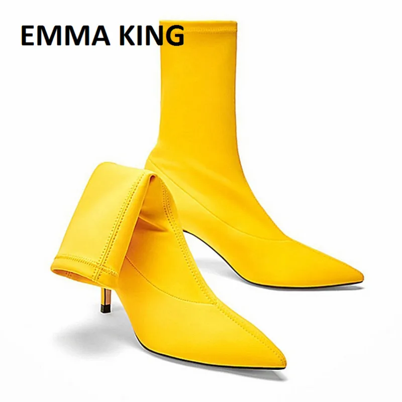 

EMMA KING Neon Knitted Stretch Fabric Sock Boots Women Pointed Toe Sock Pumps Ankle Boots Shoes Women for Autumn Spring Footwear