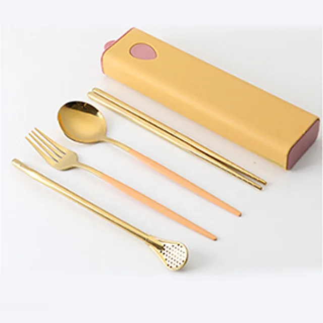 3PCs/4PCs Glossy Stainless Steel Tableware Spoon Fork Knife Straw Reusable Travel Cutlery Set Camp Utensils Set Portable Case B-Orange