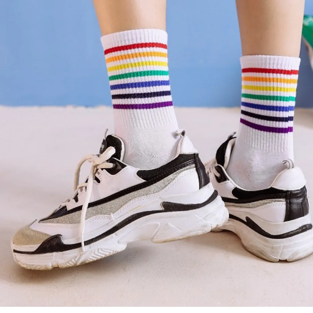 2 pairs of lovers wild rainbow striped cotton socks loaded deodorant sweat-absorbent warm casual sports office autumn winter new