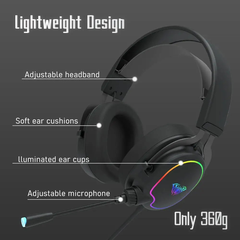 AULA F606 Wired Gaming Headset RGB Light Bass Stereo Surround Sound Lightweight Headset with Microphone for Laptop Tablet Gamer