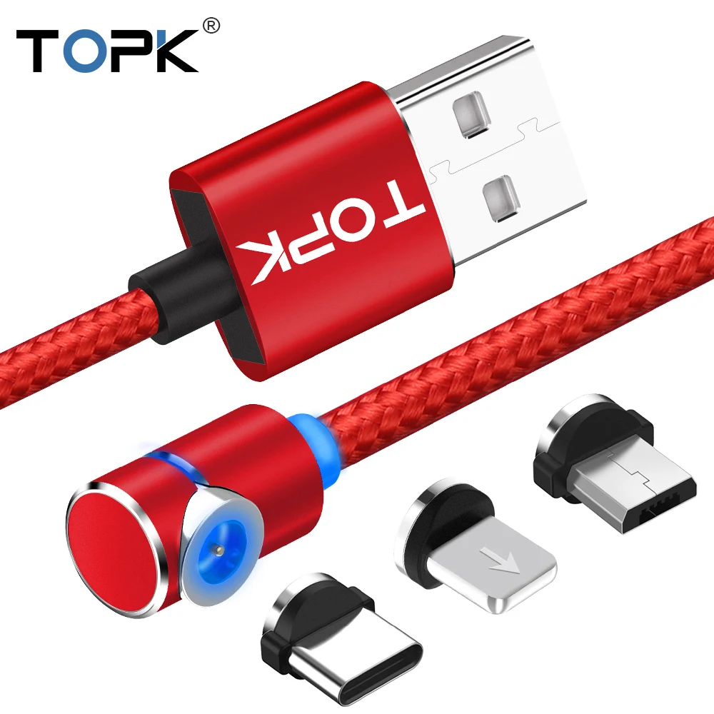 TOPK 90 градусов L Тип Магнитный кабель, СВЕТОДИОДНЫЙ Магнитный зарядный кабель для iPhone Xs Max X 8 7 5 и Micro USB кабель и usb type-C USB C