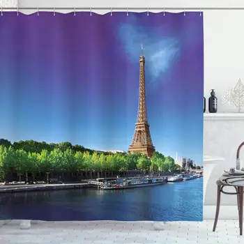 

Eiffel Tower Shower Curtain, Seine Paris with Eiffel Tower Sunrise Trees River Nature Panorama, Cloth Fabric Bathroom Decor Set