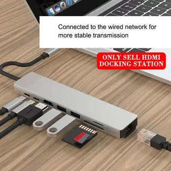 

8 in 1 Type-C HUB to HDMI USB3.0 RJ45 10/100M LAN PD OS/Linux Card TF Converter Adapter For WIN/ Memory F2P5