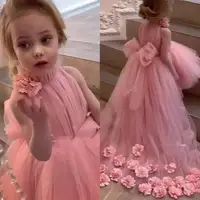 Formal Lovely Hi-Lo Pink Flower Girl Dresses for Weddings High Neck Sleeves Sweep Train 3D Floral Applique First Communion Dress