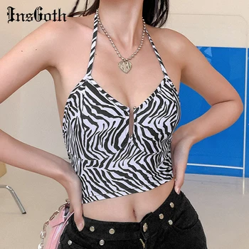 

InsGoth Sexy Halter Lace Up Camis Women Streetwear Vintage Zebra Print Bodycon Crop Tank Tops Female Backless Slim Camisoles