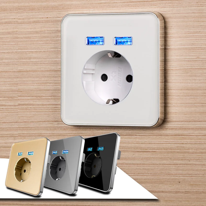 

jiubei White Crystal Glass Panel 2A Dual USB Port Wall Charger Adapter Charging Socket With usb Wall Adapter EU Plug Socket Pow