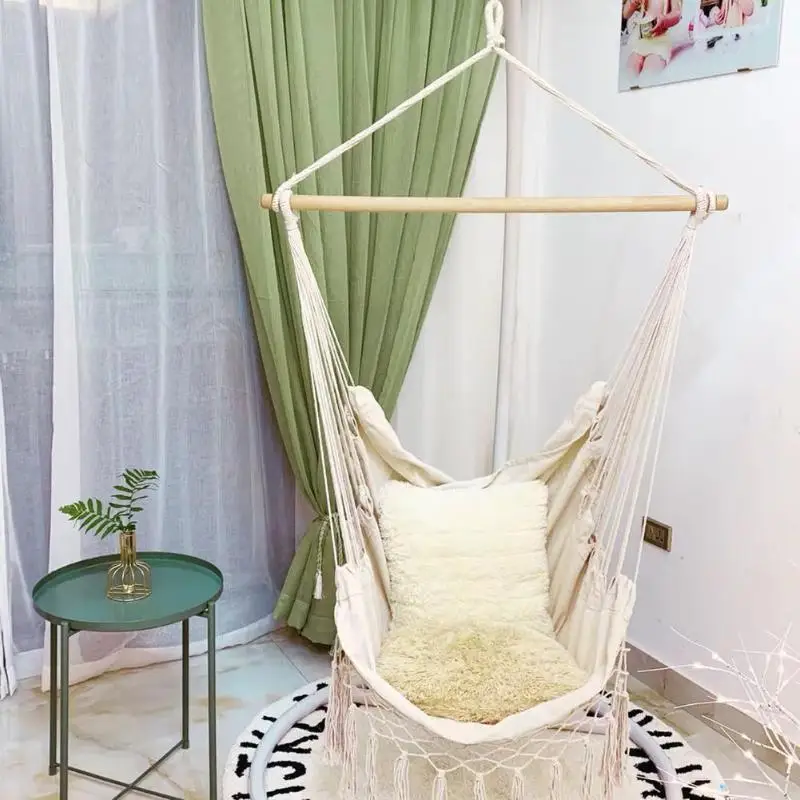 Nordic Style White Tassels Hammock Outdoor Indoor Garden Dormitory Bedroom Hanging Chair Swinging Single Safety Hammock
