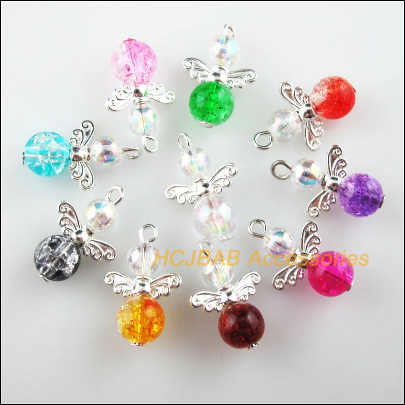 

20 New Dancing Angel Charms Silver Plated Wings Mixed Beads Pendants 14x21mm