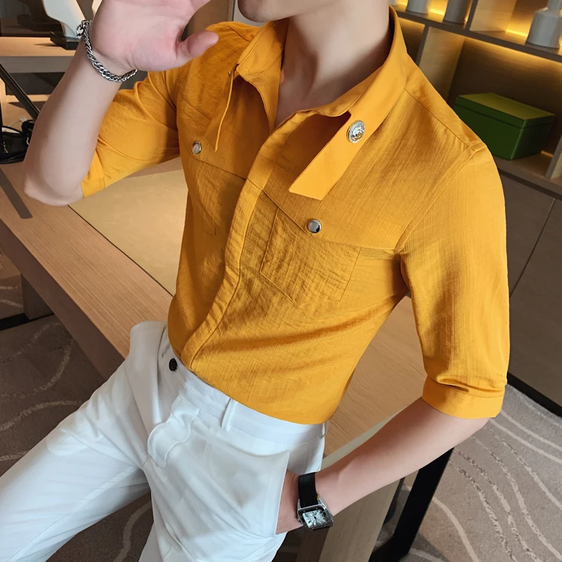 Summer Men Dress Half Sleeve Shirt Yellow British Style Solid Color Shirt Slim Fit Men Casual Shirts Prom Club Tuxedo Dress 3XL Summer Men Dress Half Sleeve Shirt Yellow British Style Solid Color Shirt Slim Fit Men Casual Shirts Prom Club Tuxedo Dress 3XL